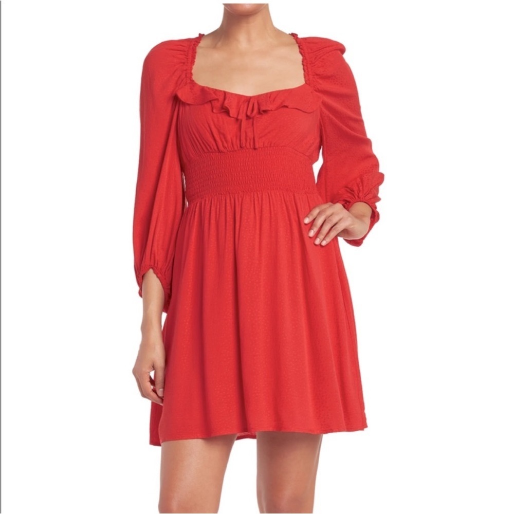Betsey Johnson Red Ruffled Milkmaid Polka Dot Jacquard Smocked Waist Mini Dress